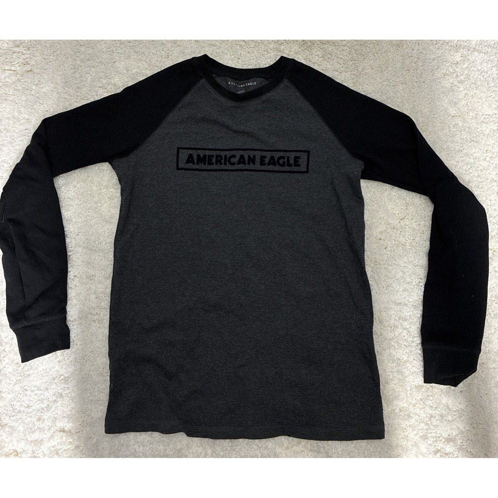 American Eagle Shirt Mens S Standard Fit Gray Thermal with Black Sleeves